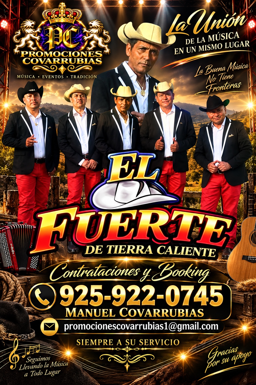 Flyer de El Fuerte de Tierra Caliente con información de contrataciones y booking