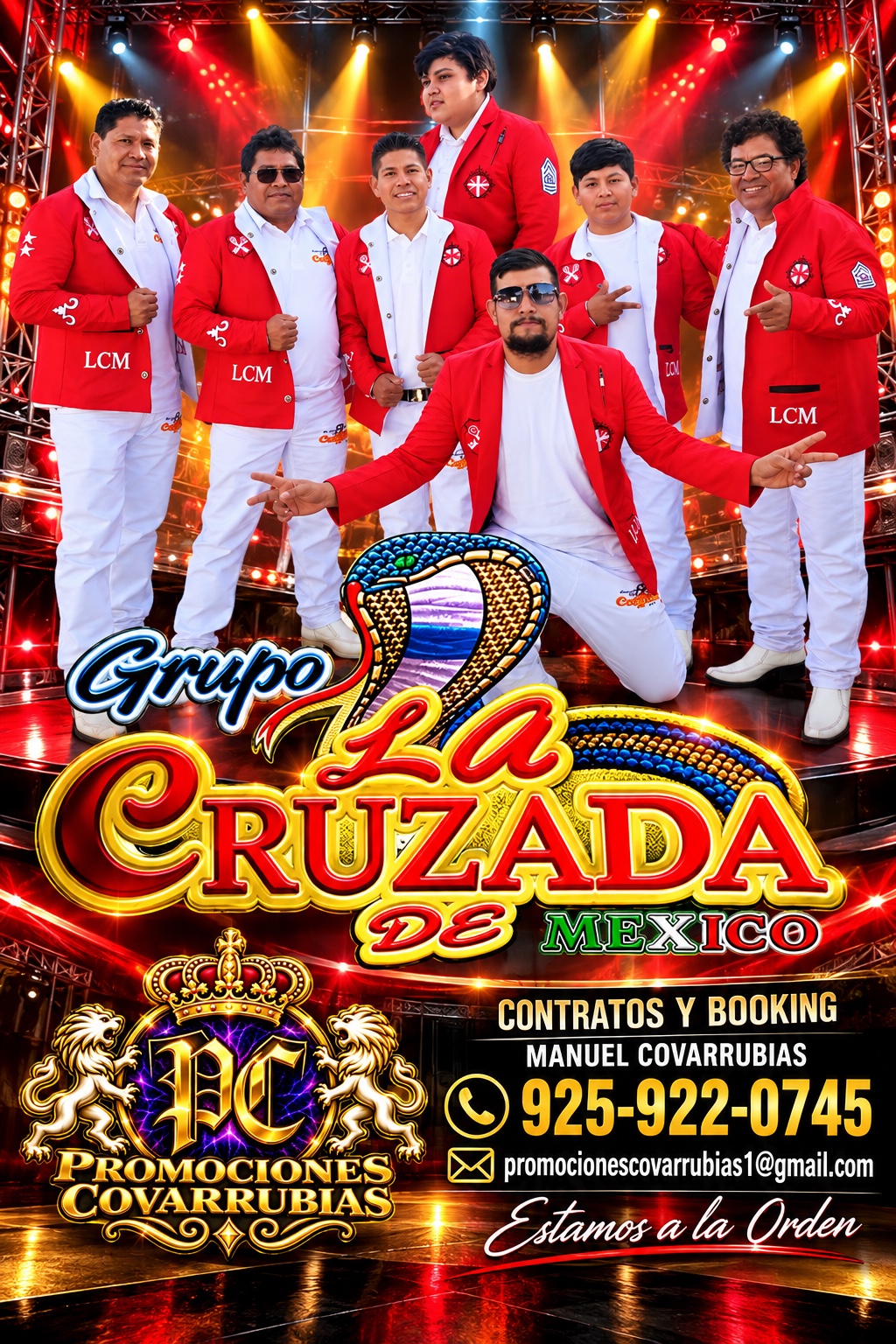 Flyer de Grupo La Cruzada de México con información de contratos y booking