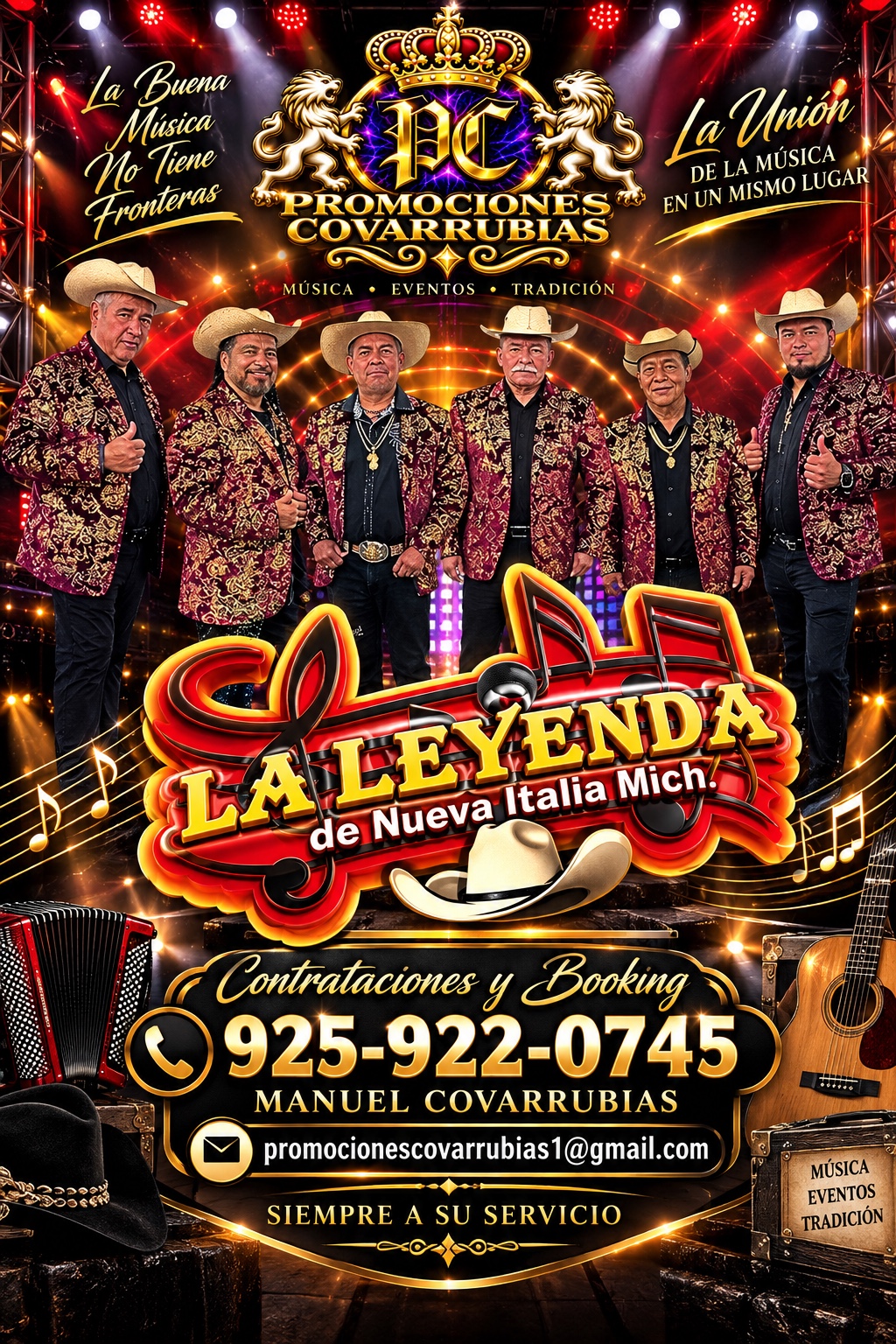 Flyer de La Leyenda de Nueva Italia, Mich. con información de contrataciones y booking
